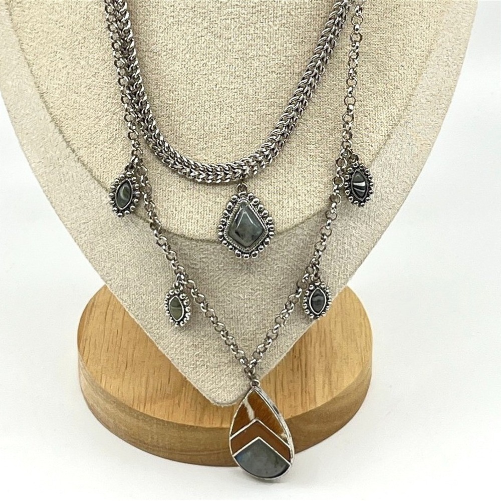 VTG Shyanne Southwest Boho Silver Tone Multi-Layer Mixed Stone Faux Fur Necklace